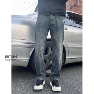 复古vibe直筒宽松长裤 Entong美式 秋季 男款 子 潮牌猫须纹水洗牛仔裤