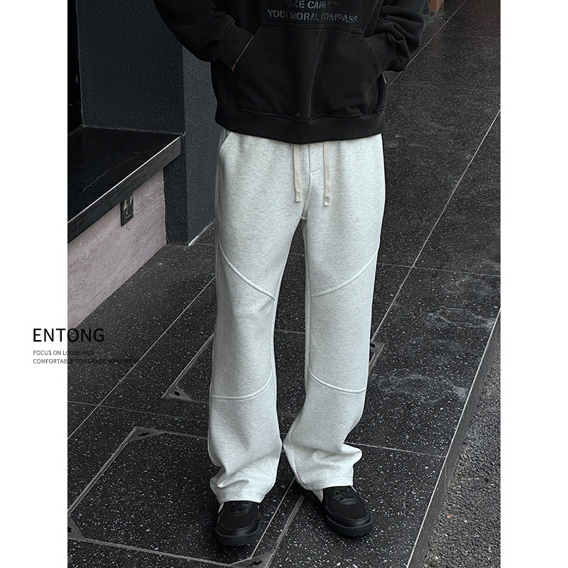 Entong秋季潮牌花灰色卫裤男款美式高街宽松直筒vibe针织休闲裤子