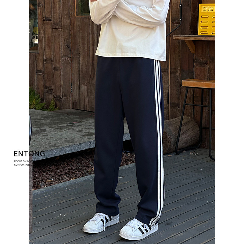 Entong藏青色三条杠休闲卫裤男生裤子美式直筒百搭运动休闲裤