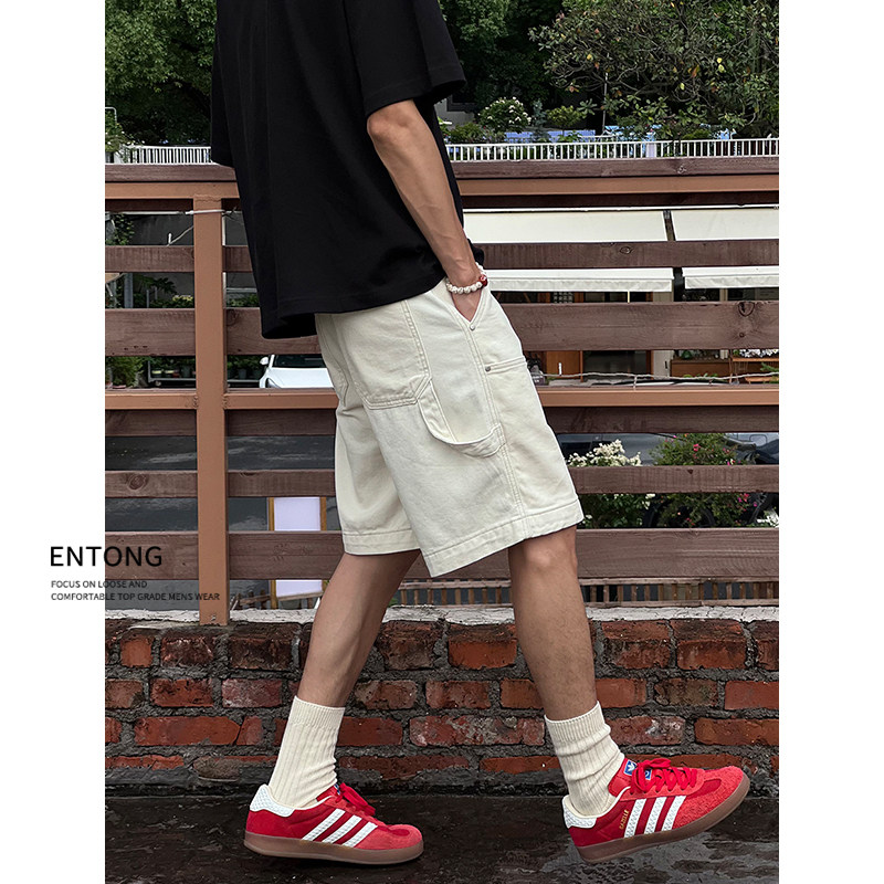 Entong夏季复古伐木工装短裤男士夏外穿薄款美式宽松直筒五分裤子
