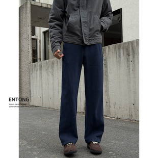 男款 藏青色加绒卫裤 裤 子美式 Entong春季 潮流斜切针织休闲长裤 新款