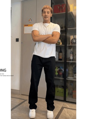 Entong潮牌美式百搭vibe裤高街黑色牛仔裤男秋季宽松弹力直筒长裤