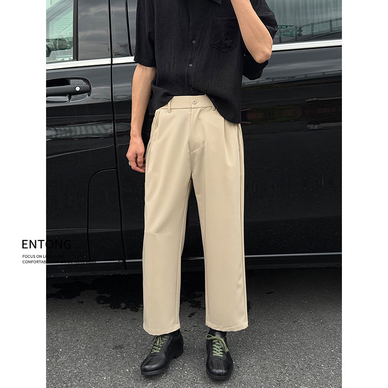 Entong夏季卡其色高级感复古宽松西裤男款裤子美式潮牌直筒长裤子