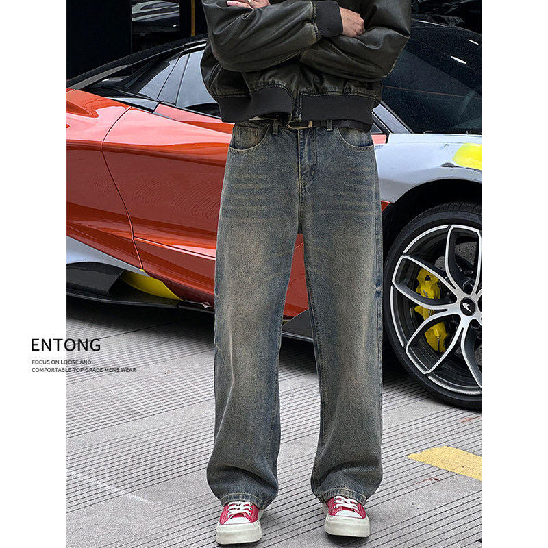Entong美式高街复古水洗做旧牛仔裤子男秋季新款痞帅宽松直筒长裤
