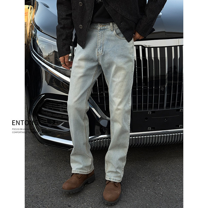 Entong美式高街水洗浅蓝色牛仔裤男士春秋季微喇修身cleanfit裤子