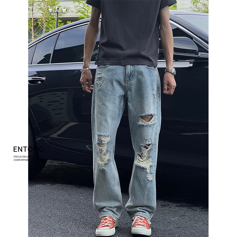 Entong秋季薄款破洞水洗牛仔裤子美式高街潮牌宽松长裤男生直筒裤