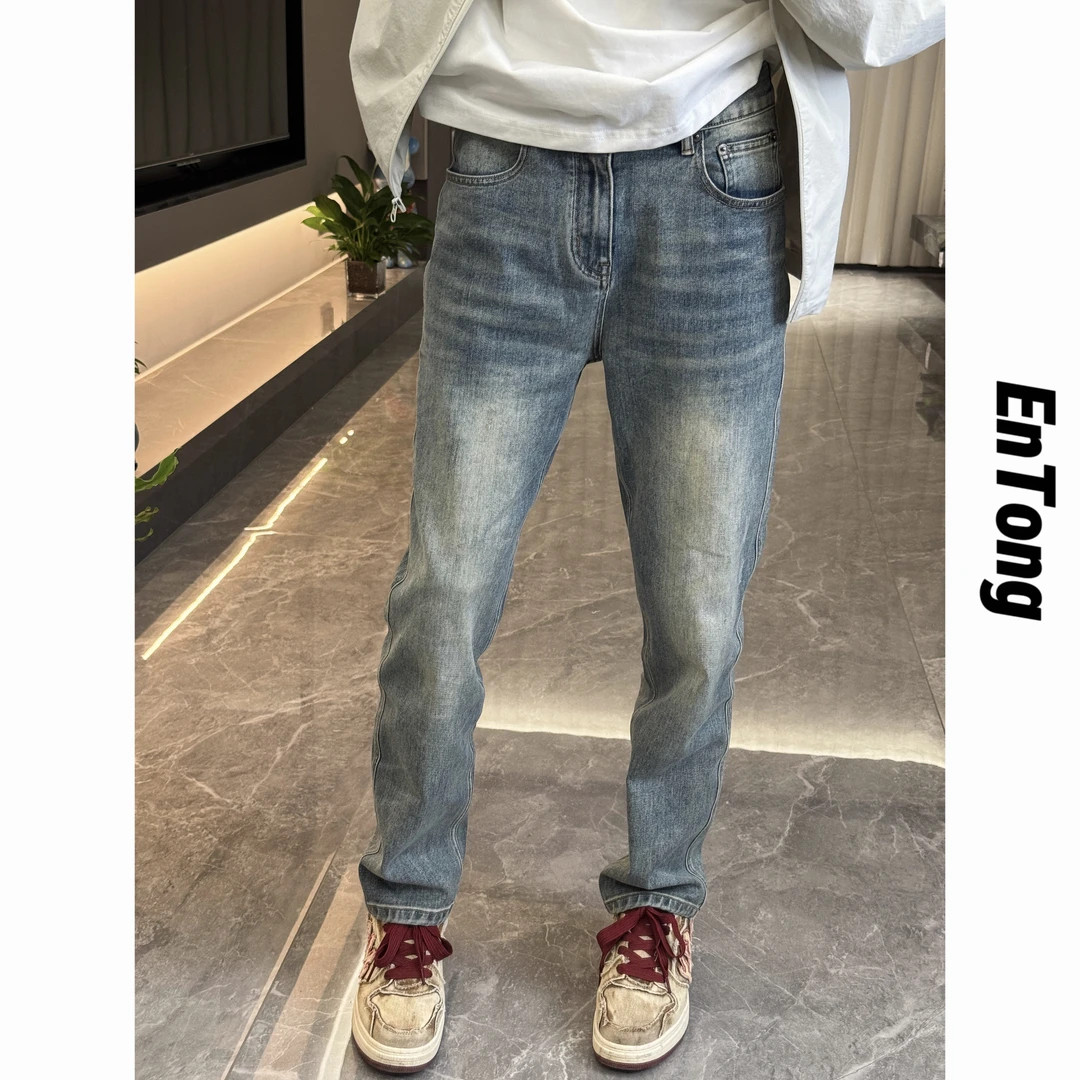 Entong秋季潮流男士复古水洗蓝牛仔裤子美式高街痞帅修身小直脚裤