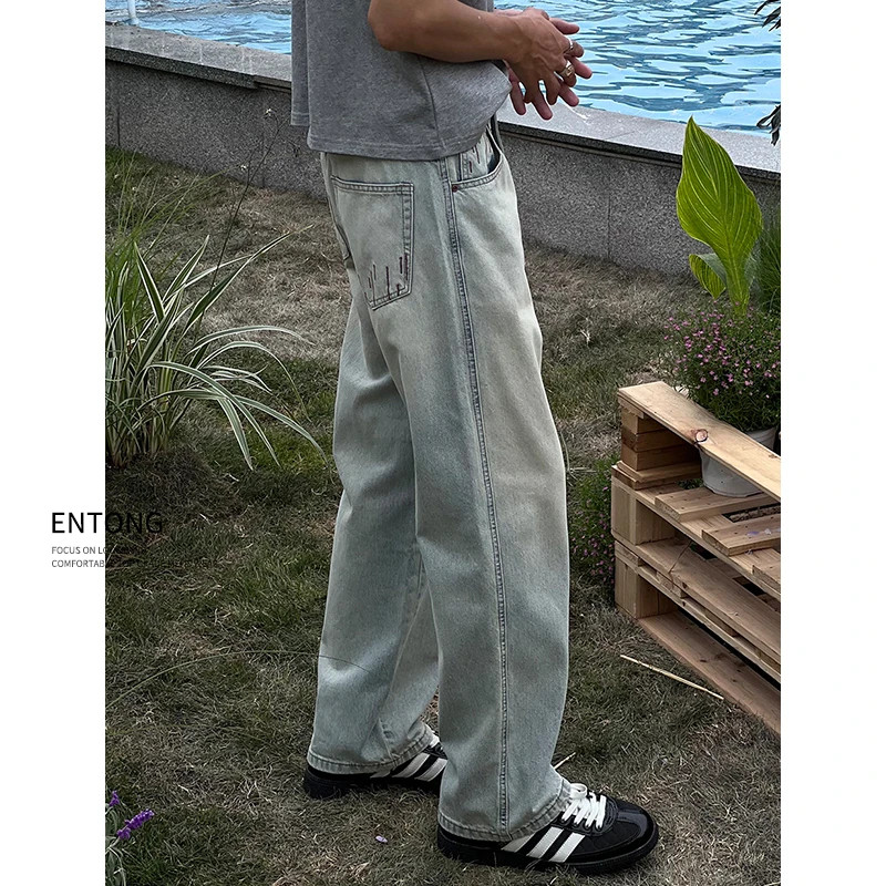Entong高级感秋季浅色做旧水洗牛仔裤2025新款男美式宽松直筒裤子