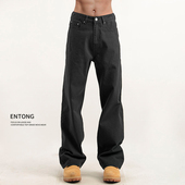 男生休闲裤 Entong春季 子潮牌黑色牛仔裤 复古宽松直筒百搭长裤 美式
