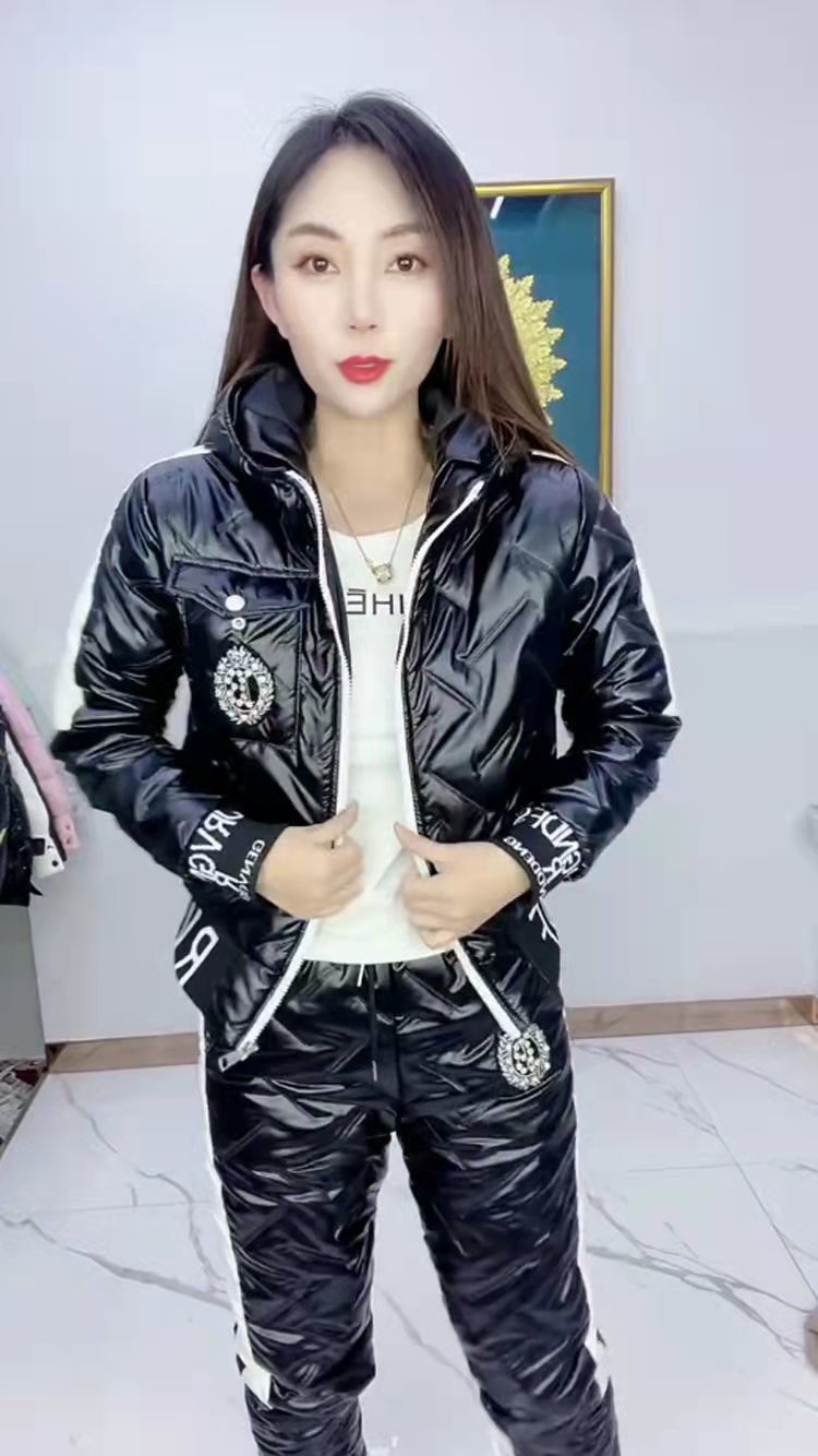 秋冬款韩版羽绒棉棉服套装女免洗亮面连帽加厚上衣裤子棉衣套装女