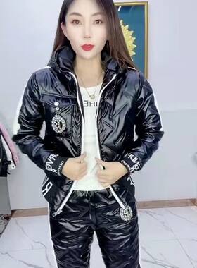 秋冬款韩版羽绒棉棉服套装女免洗亮面连帽加厚上衣裤子棉衣套装女