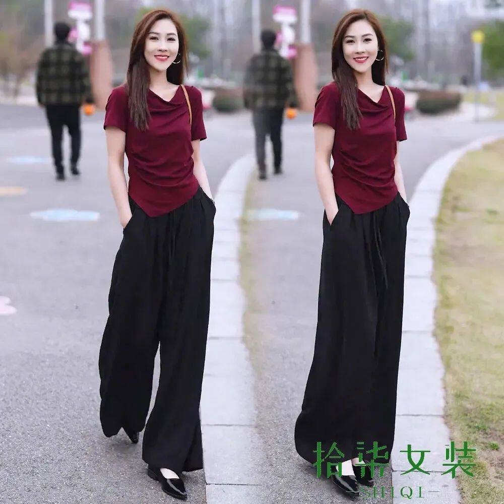 减龄气质T恤套装女2025夏季新款洋气修身上衣显瘦阔腿裤两件套潮