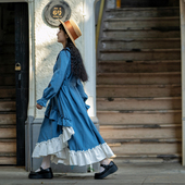 法式 pinkwink小星夜 原创春季 复古荷叶边蓝色连衣裙女显瘦女长裙