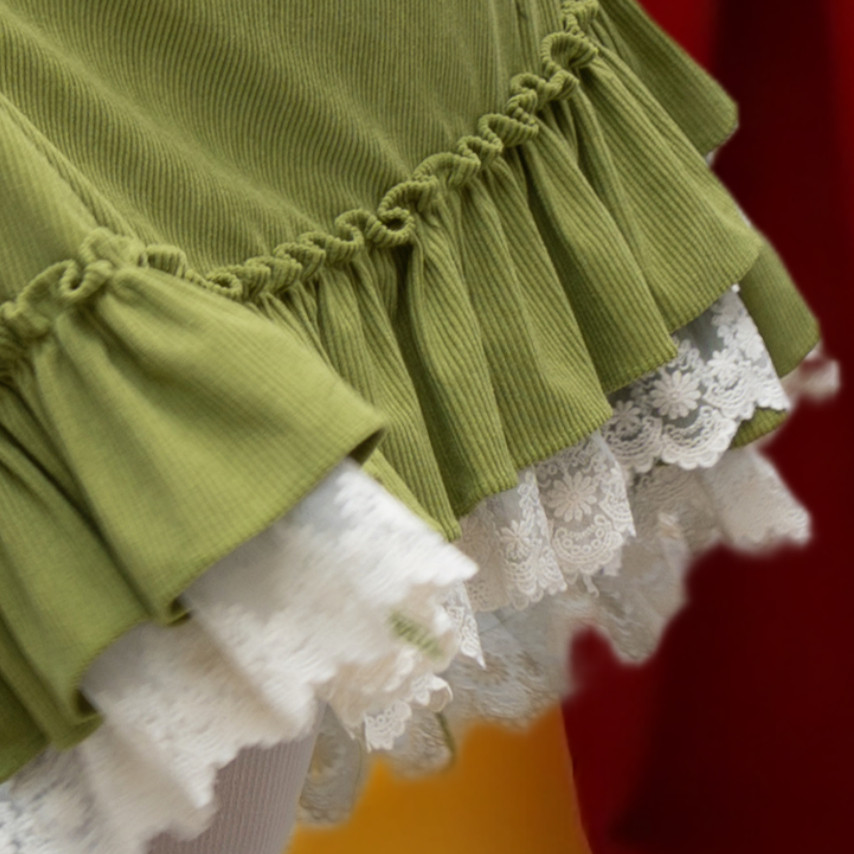 PINKWINK小星夜 秋冬原创复古蕾丝灯芯绒绿色不规则半身裙,女装/女士精品,半身裙,淘宝优惠券,粉丝福利购,淘宝优惠卷