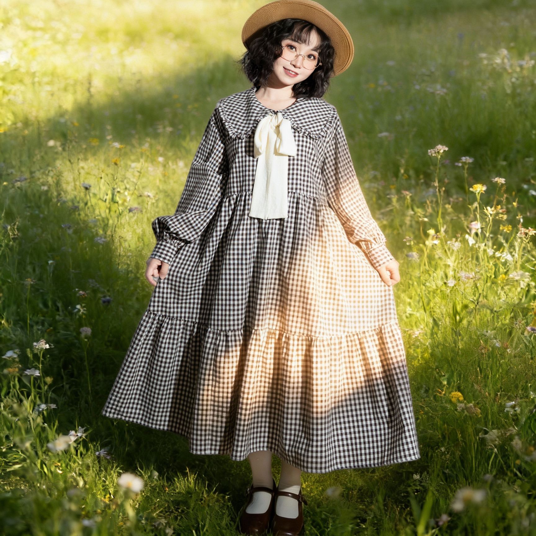 秋季文艺复古格子娃娃领连衣裙