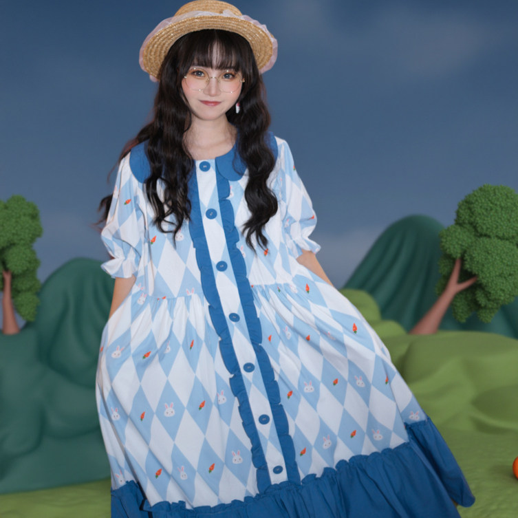 pinkwink小星夜 原创设计夏季自制印花小兔格子吊带撞色长连衣裙