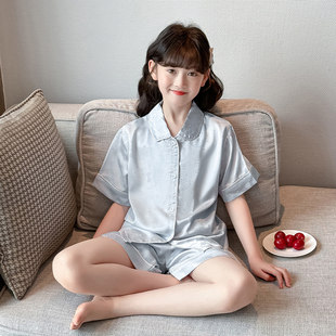 女童翻领女孩公主家居服薄 短裤 高级感桑蚕丝儿童夏季 睡衣真丝短袖