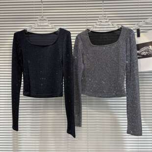 网红同款2025秋冬新款暗黑名媛低方领满身烫钻亮丝面料长袖T恤衫