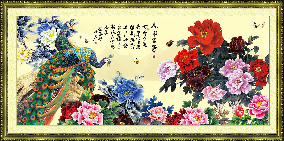 高清花开富贵客厅装饰画psd模版素材牡丹孔雀设计设计图片图库g