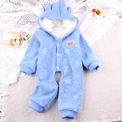 宝宝连体罩衣加绒加厚婴儿外出服秋冬12月新生儿衣服外穿哈衣连帽