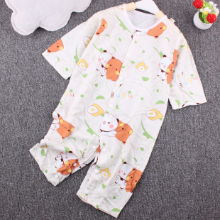 婴儿绵绸连体衣夏季宝宝按扣爬服人造棉新生儿衣服哈衣长袖空调服