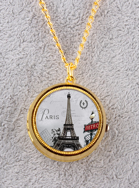 复古夜光小号石英怀表项链银白色翻盖链表浪漫埃菲尔铁塔定制相片