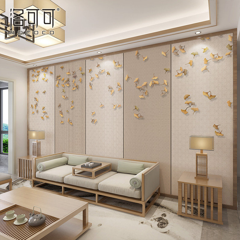 新中式墙纸银杏叶电视背景墙壁画卧室无缝墙布简约沙发影视墙壁布