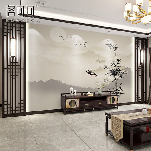 新中式山海竹枝背景墙壁画