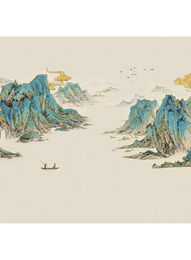 新中式鎏金青山背景墙壁画
