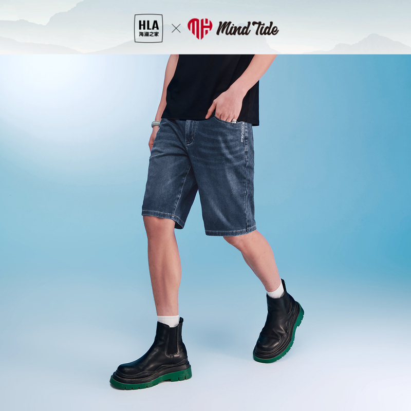 HLA/海澜之家中国心牛仔中裤23春夏新款猫须工艺五袋款五分短裤男
