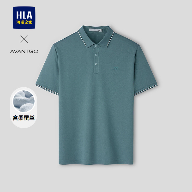 HLA/海澜之家轻商务微弹短袖POLO26春夏新含桑蚕丝翻领印花