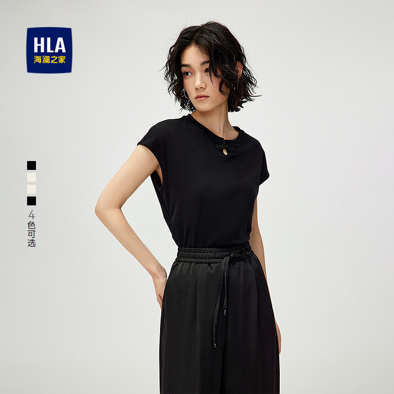 HLA/海澜之家短袖修身微弹T恤春夏新中式盘扣小飞袖上衣女装