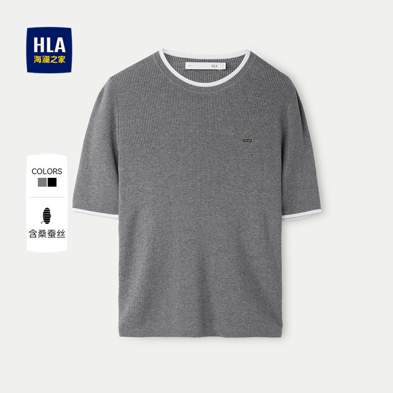 【含桑蚕丝】HLA/海澜之家黑色圆领短袖薄针织衫25春夏新毛衣女
