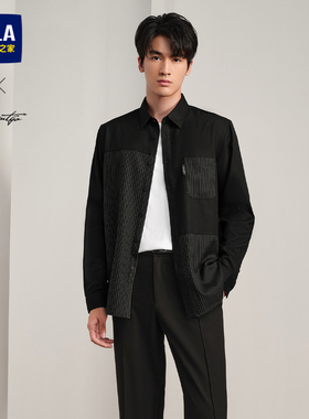 HLA/海澜之家长袖外套黑色衬衫24秋新条纹口袋磨毛潮流拼接上衣男