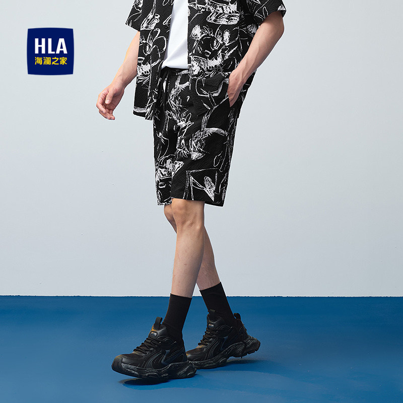 HLA/海澜之家水洗宽松休闲中裤春夏印花抽绳艺术短裤男,男装,短裤,淘宝优惠券,粉丝福利购,淘宝优惠卷