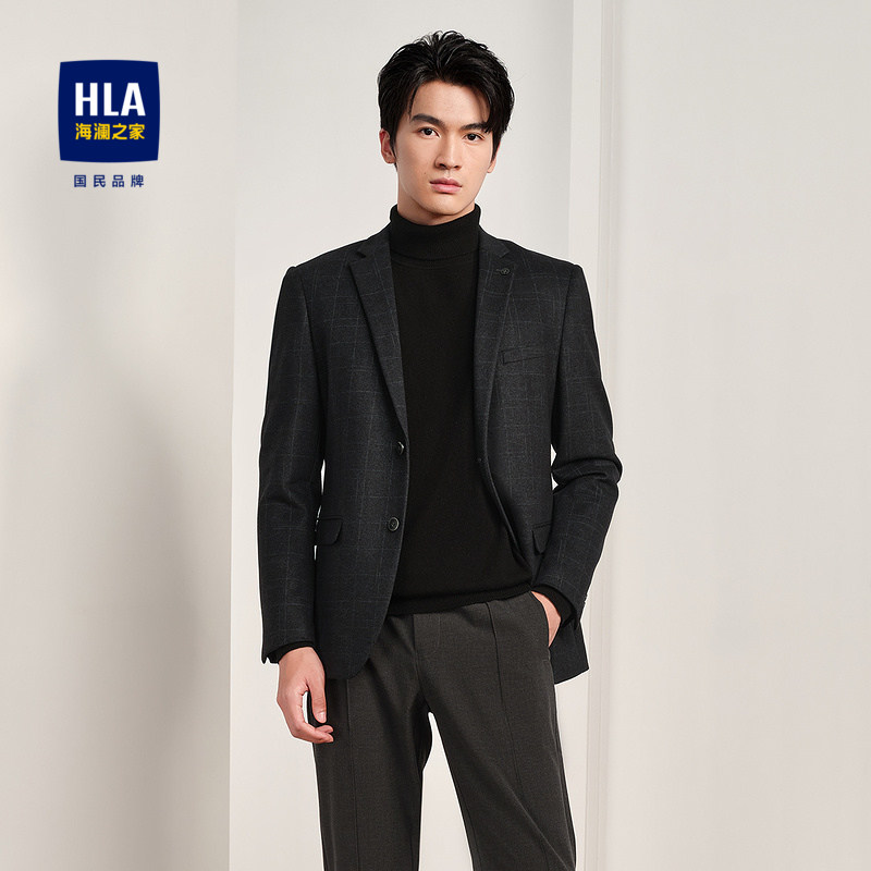 hla/海澜之家胸针点缀休闲西服24秋冬新平驳领格纹商务弹力外套男