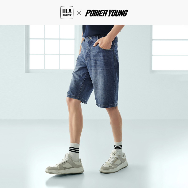 HLA/海澜之家POWER YOUNG牛仔中裤23春夏字母刺绣点缀五分短裤男