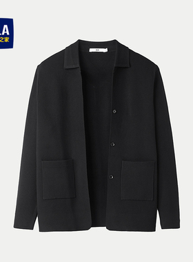 HLA/海澜之家长袖黑色弹力针织开衫2025秋冬新时尚翻领修身毛衣男