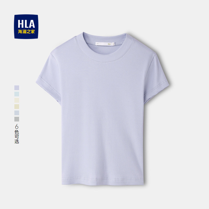 HLA/海澜之家黑色圆领直筒短袖T恤春夏新休闲时尚弹力上衣女装