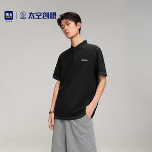 HLA/海澜之家中国航天太空创想短袖Polo衫印花明线宽松黑色T恤男