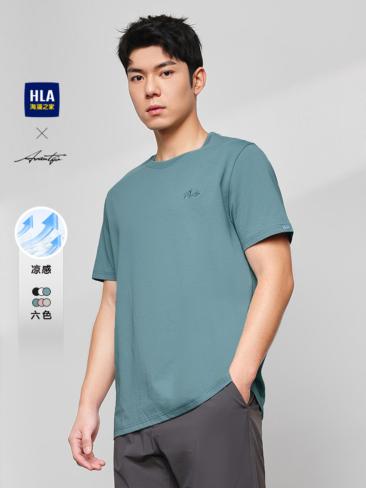 HLA/海澜之家24春夏新胸口刺绣凉感短t轻商务时尚圆领短袖T恤男装
