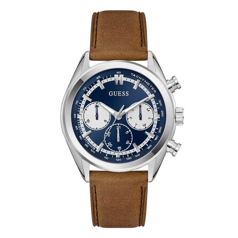 代购GUESS女士腕表计时日期测速防水皮带金属蓝盘钢壳商务休闲