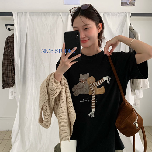 奶思家NICE STUDIO-秋上新休闲小熊印花短袖T恤L3035不退换