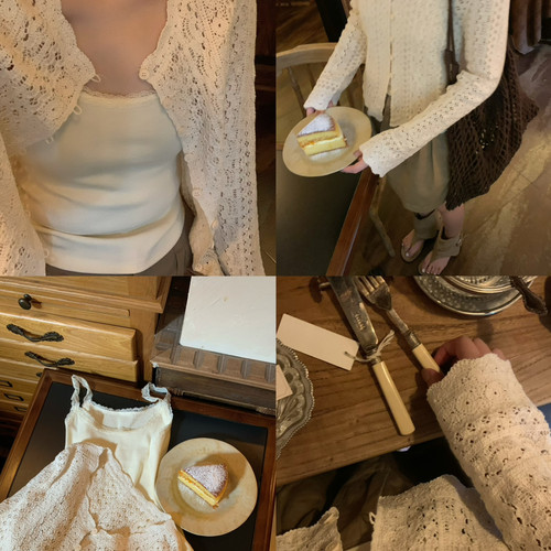 Flower April（FA）-法式气质镂空钩花花边长袖罩衫针织开衫93057