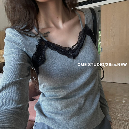 CME STUDIO-秋款设计款蕾丝拼接百搭时尚洋气小衫7207不退换