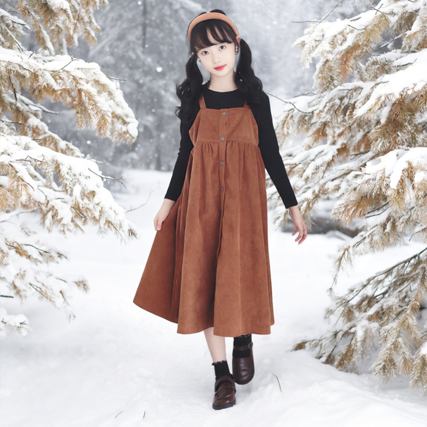 女童复古文艺森系背带裙洋气套装春秋灯芯绒中长款无袖背心连衣裙