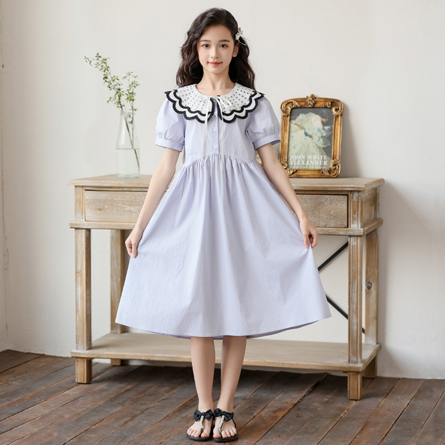 女中大童连衣裙2026夏季新款镂空花边娃娃领裙子女孩洋气公主裙