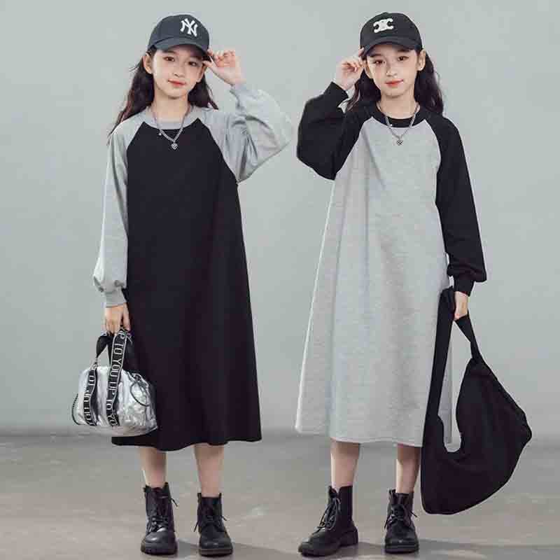 日韩女童连衣裙春秋新款插肩袖撞色拼接宽松圆领长裙简约卫衣裙子