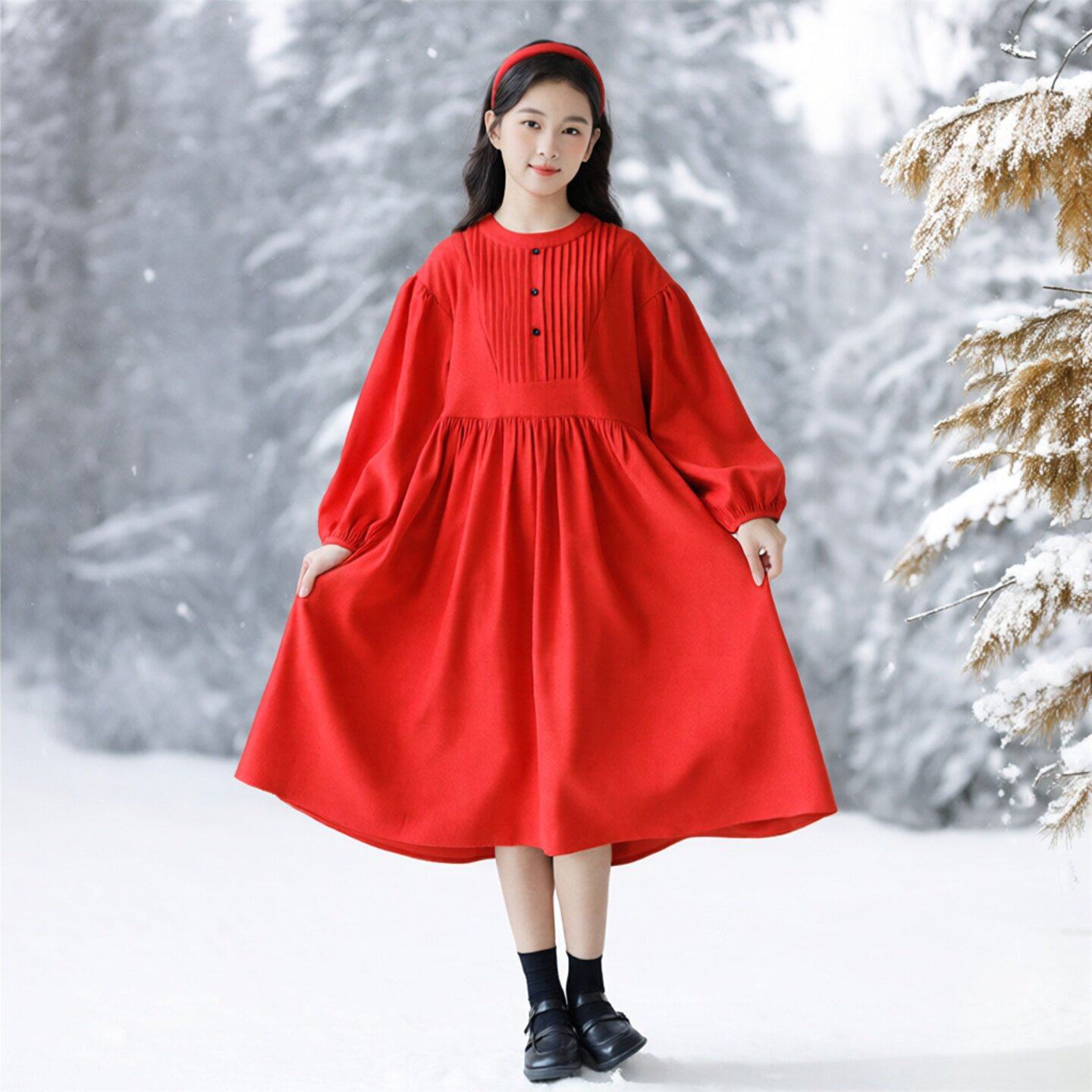 儿童秋冬连衣裙喜庆红色裙子女童圆领文艺范森系宽松法式公主长裙
