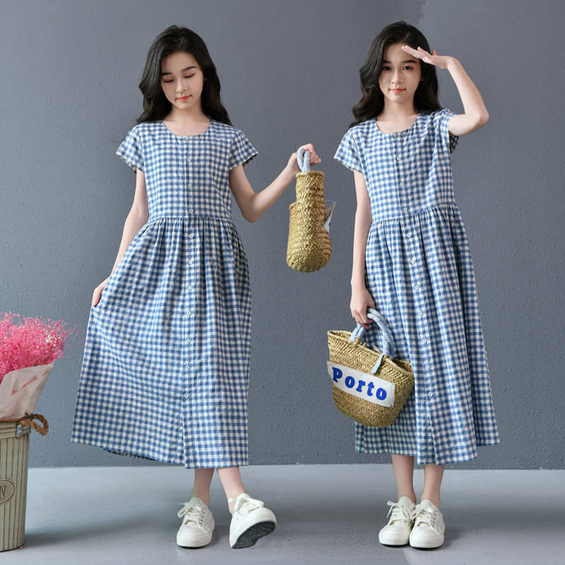 2025夏季新款女童棉质文艺蓝色格子裙中大童短袖中长款连衣裙a字